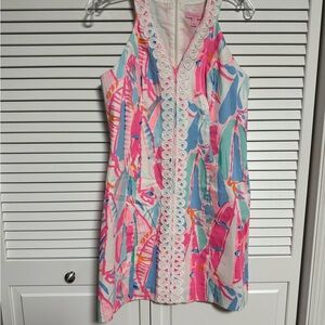Lilly Pulitzer Pink and Blue Dress with White Lace